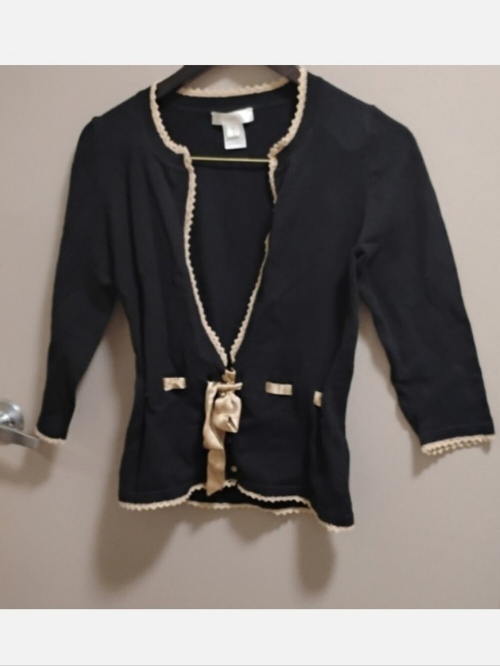 Vintage 2000s White House Black Market Tie Front Contrast Satin Trim Cardigan